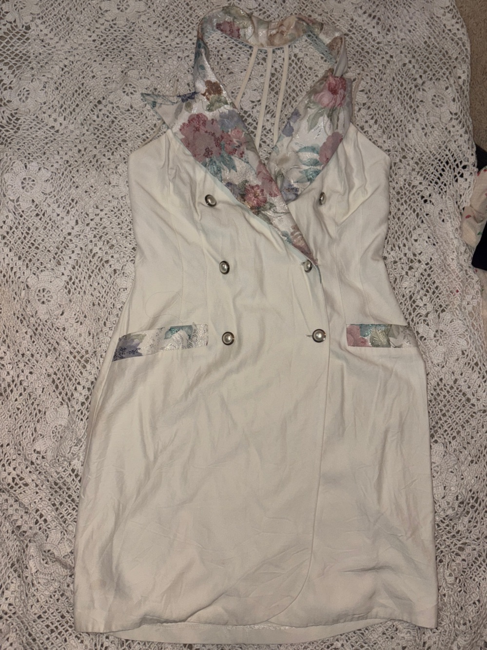 Vintage White Floral-Trim Double-Breasted Women's Dress